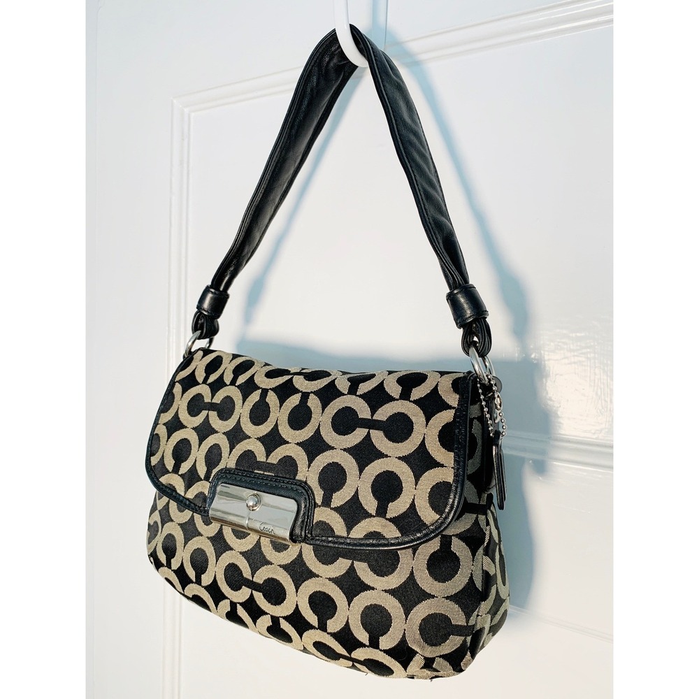 Authentic Coach Kristin "C" Opt Art Canvas Black & Beige Satchel Handbag / Small - Picture 3 of 16